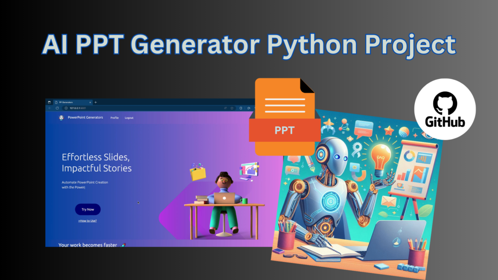 An AI-powered web application interface showing a generated PowerPoint presentation. The screen displays a clean, user-friendly design with customizable themes and AI-generated slide content, illustrating the ease and efficiency of creating professional presentations using the PowerPoint Generator Python Project.